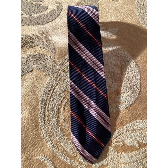 Vintage 60s Necktie 1960s Silk Pink & Brown Striped Mod Preppy Chic Short Tie - Picture 5 of 6
